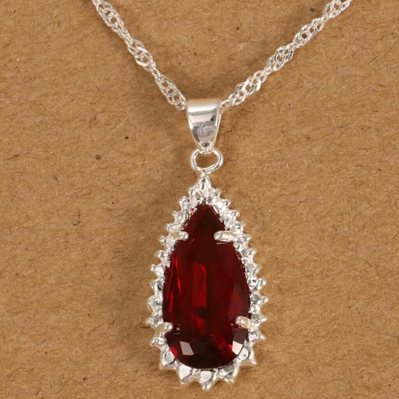 925 Silver Stamped Ruby Red Pendant Necklace♡ - Picture 3 of 8